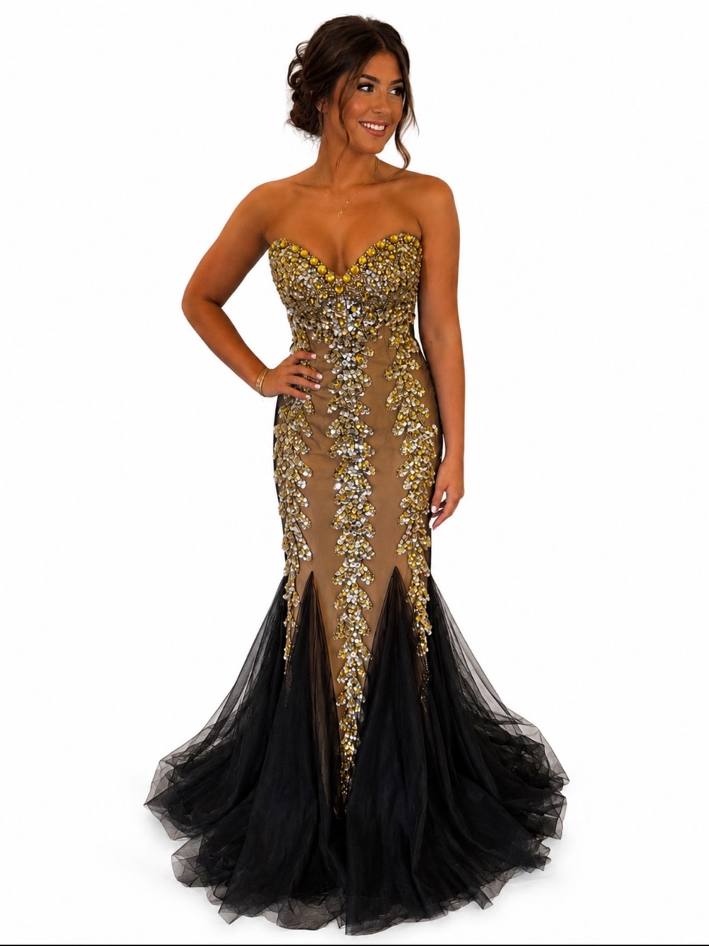 Cache Gold and Black Beaded Strapless Mermaid Gown